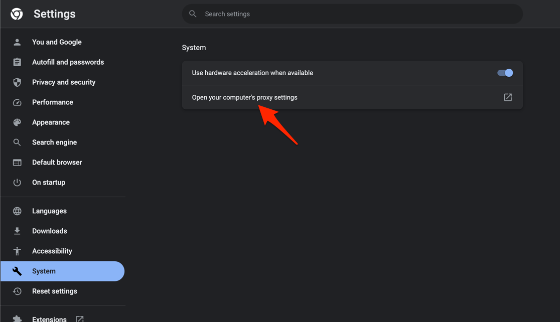 Open your computer's proxy settings in Chrome browser