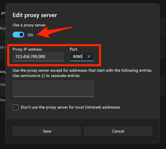 Use Proxy server IP and enter IP address and port number